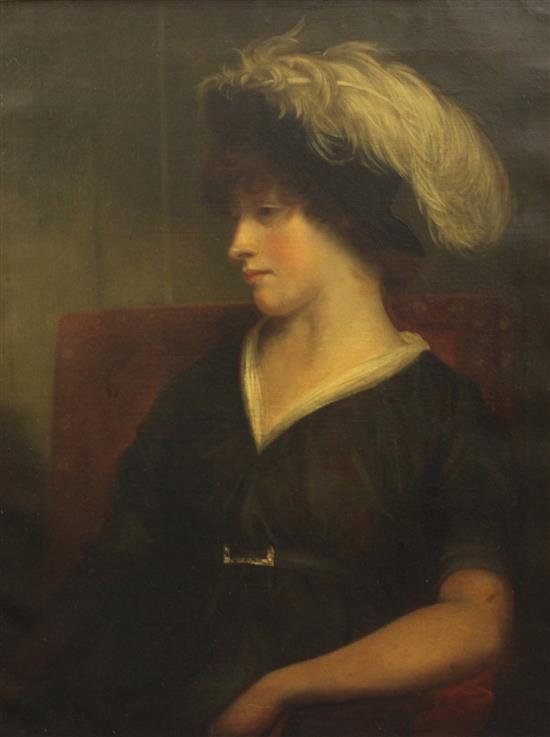 Early 19th century English School Portrait of a lady wearing a black dress and a feathered hat, 30 x 25in.